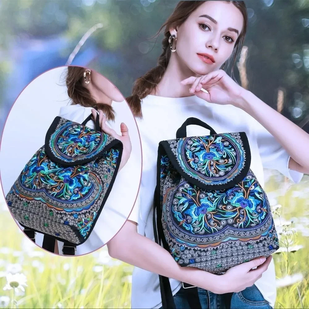 Goodhan Embroidered Bohemian Canvas Backpack Purse Blue/Purple Floral EUC